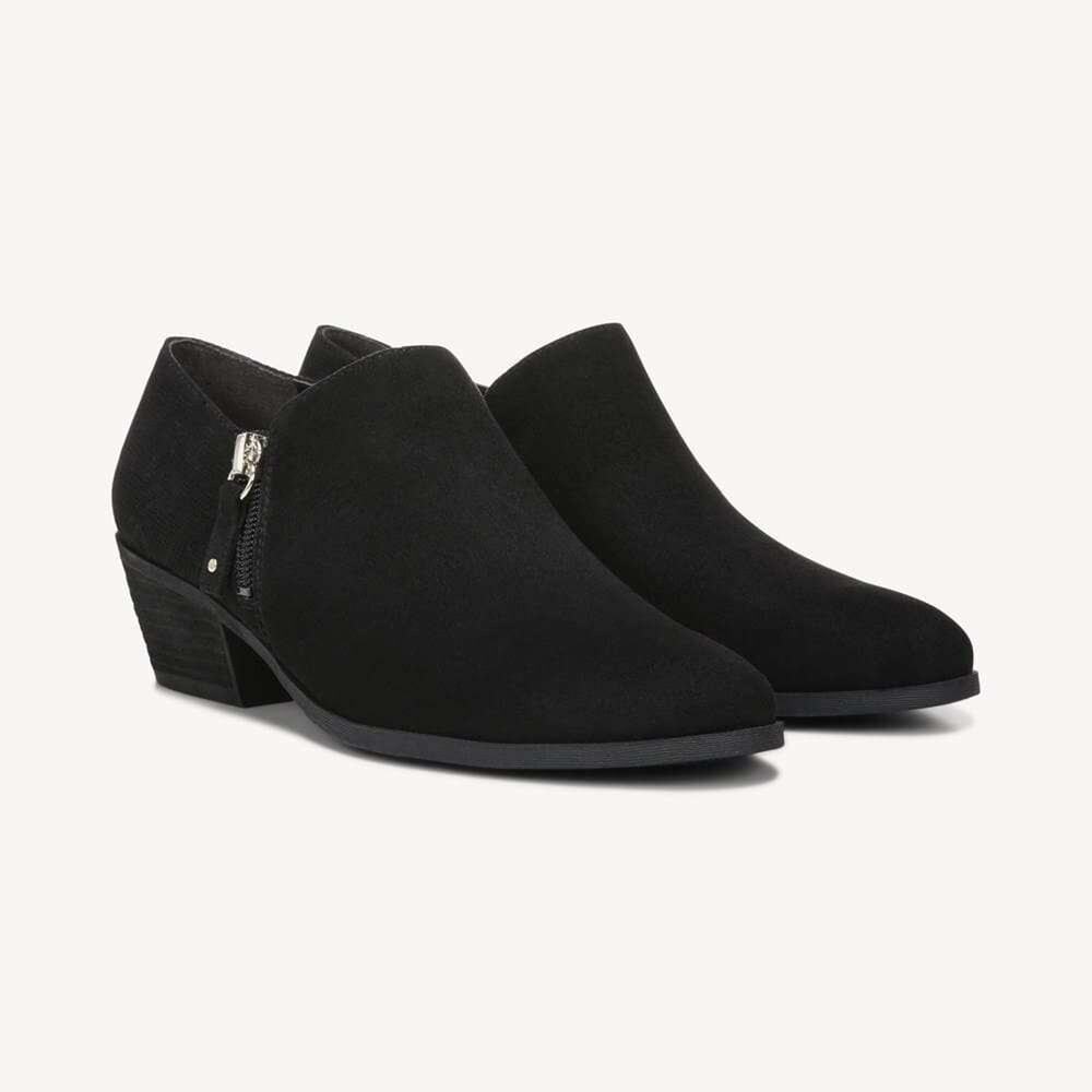 Dr Scholls Black Suede Ankle Booties Side Zip Block Heel Womens 9.5 NWT